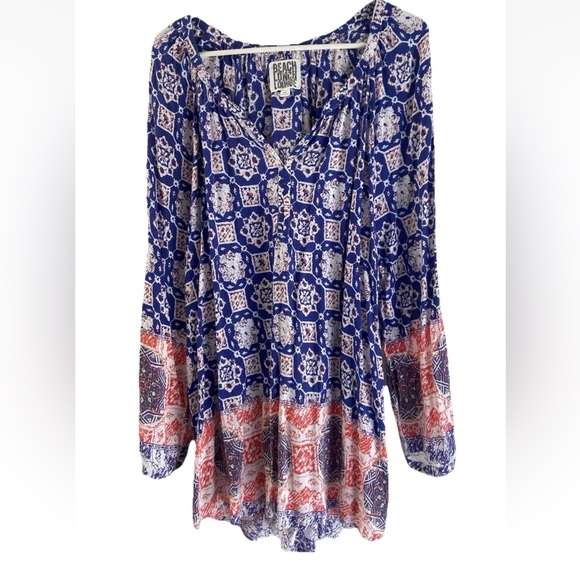 Beach Lunch Lounge Womens Long Sleeve Swim Coverup Blue Red 1X Boho Lightweight - Picture 1 of 4